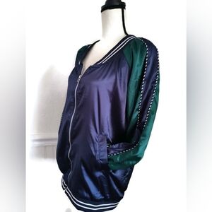 Akua Satin Bomber Jacket Navy Green  Y2K 80's 90's Size Large Great Condition